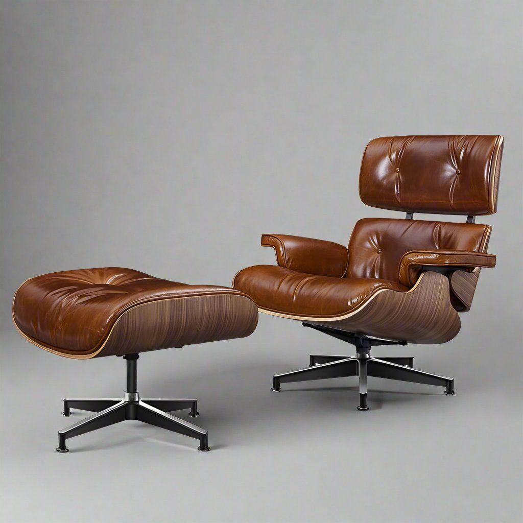 XL (89cm) — XL tall Eames style lounge chair and ottoman in waxy brown leather with walnut shell, three-quarter view