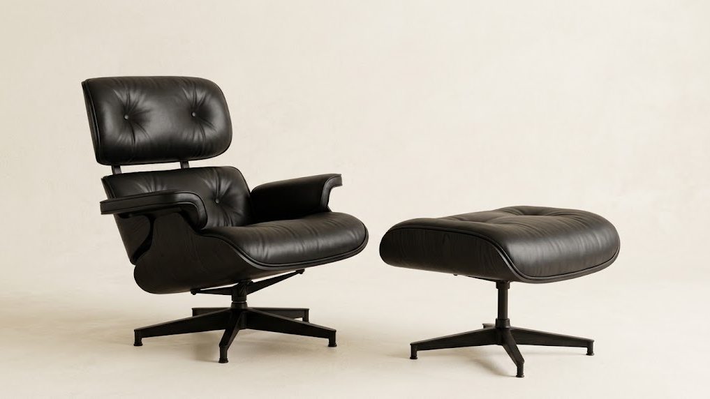 Eames style lounge chair and ottoman in black aniline leather with a polished five-star base