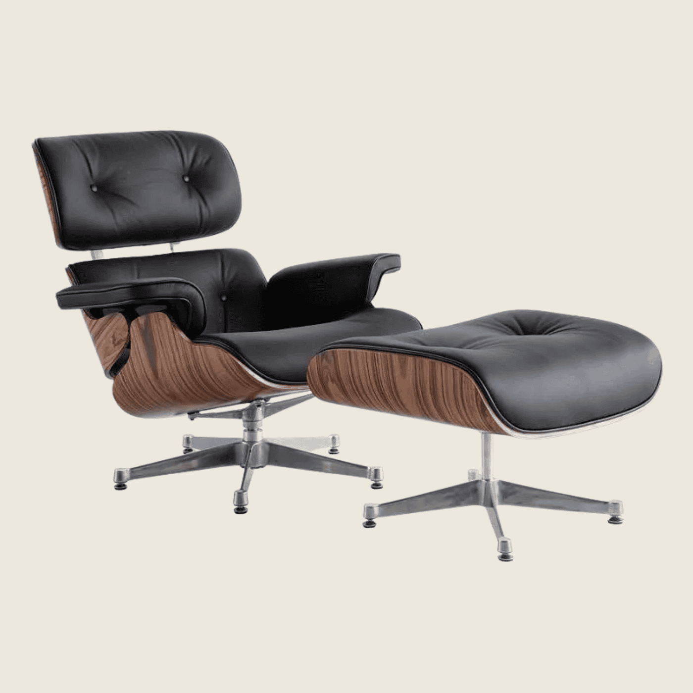 Eames Style Light Rose Wood Lounge Chair & Ottoman – Black & Chrome Base