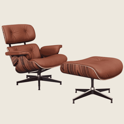 TAN BROWN / Black — Rosewood Lounge Chair & Ottoman, chair and ottoman shown together, side profile