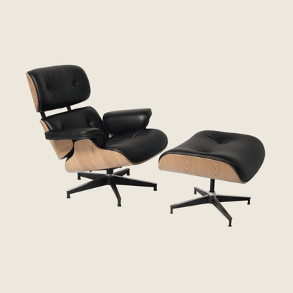 Eames Inspired Ashwood Lounge Chair & Ottoman – Black Leather
