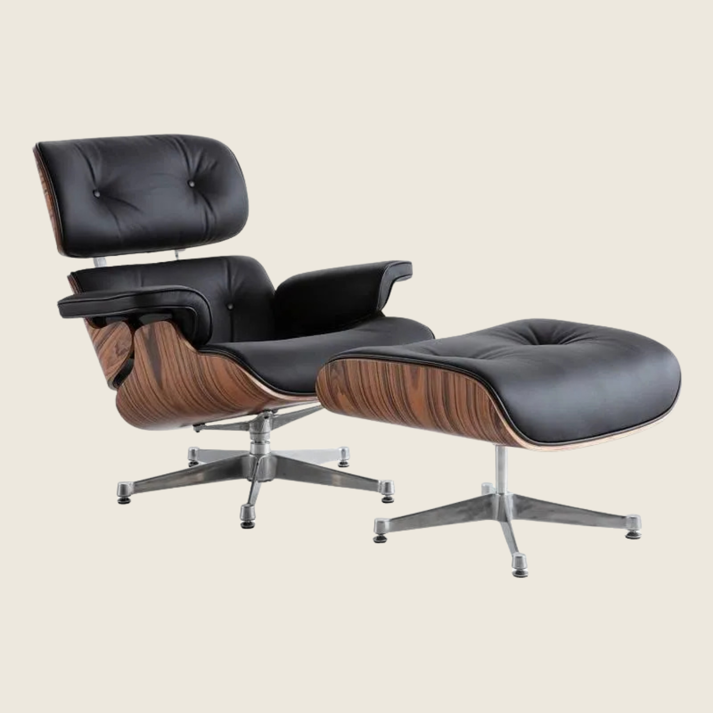 Eames Inspired  Light Rose Wood Lounge Chair & Ottoman – Black & Chrome Base