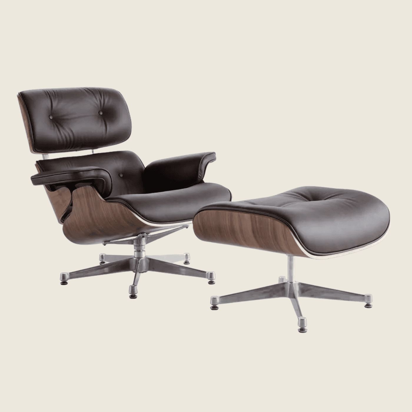 Eames Style WalnutWood Lounge Chair & Ottoman – Brown & Chrome Base