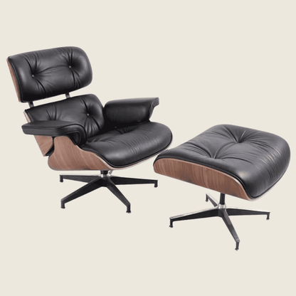Mid-Century Eames Walnut Lounge Chair & Ottoman – Black Leather