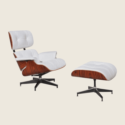 Eames Inspired Rose Wood Lounge Chair & Ottoman – White