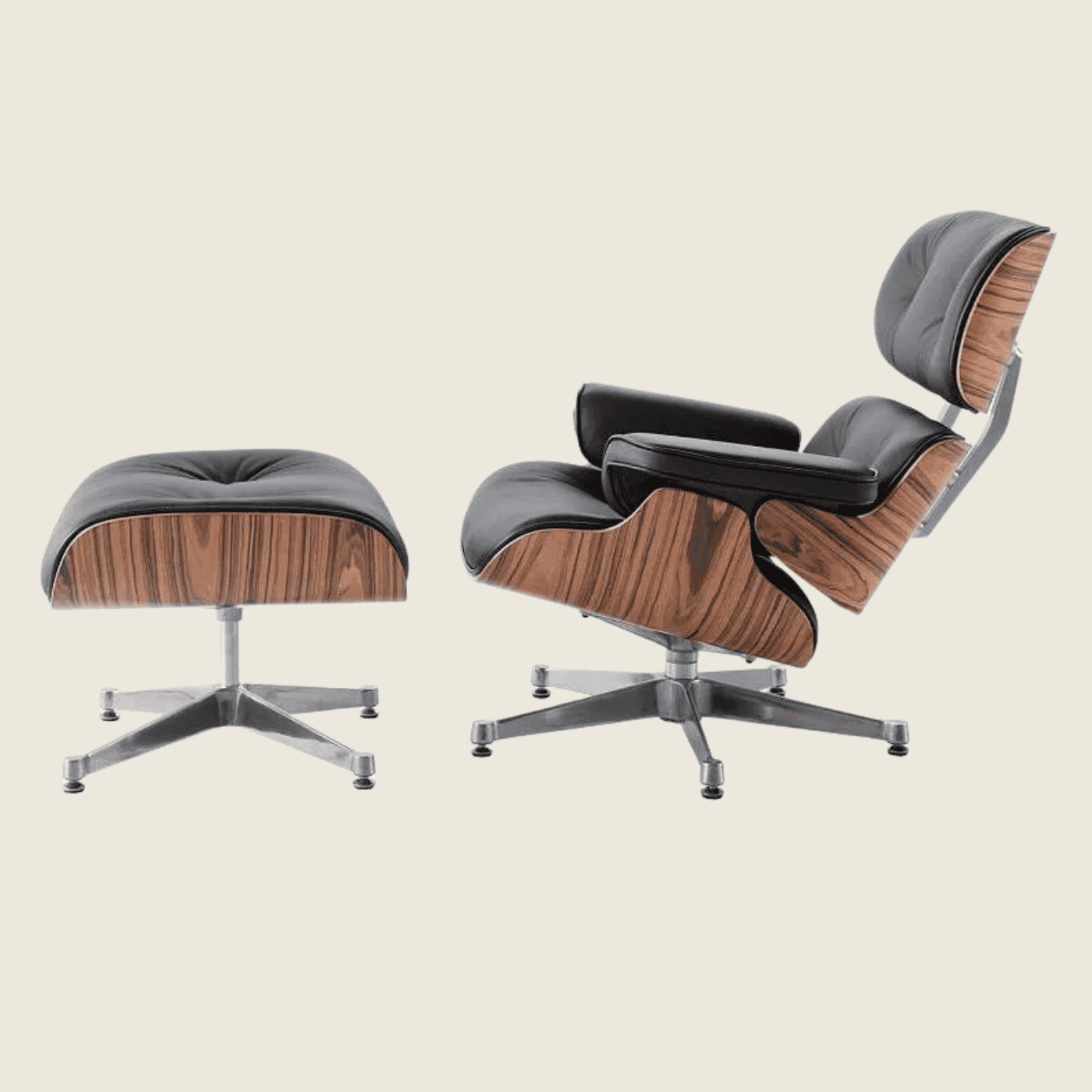 Eames Style Light Rose Wood Lounge Chair & Ottoman – Black & Chrome Base