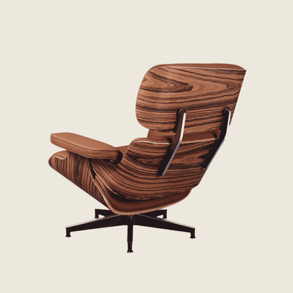 TAN BROWN / Black — Rosewood Lounge Chair & Ottoman, close-up detail of the leather and wood shell