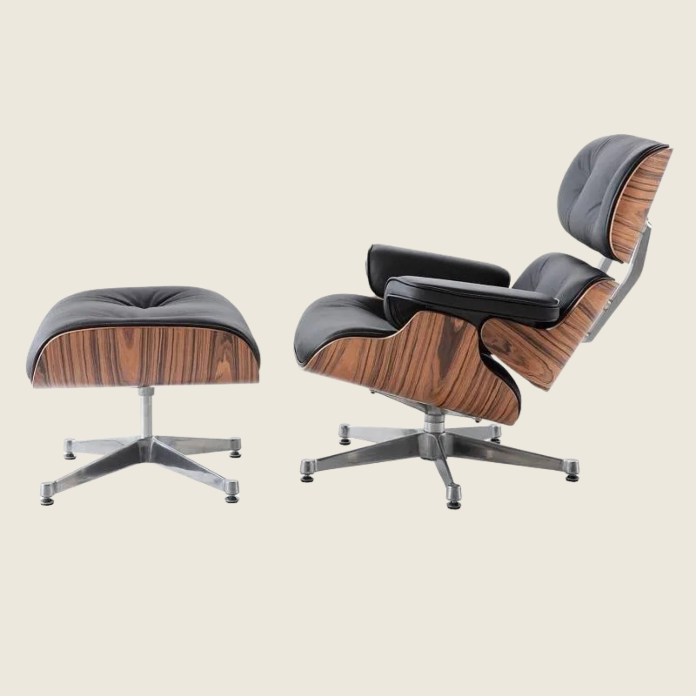 Eames Inspired  Light Rose Wood Lounge Chair & Ottoman – Black & Chrome Base