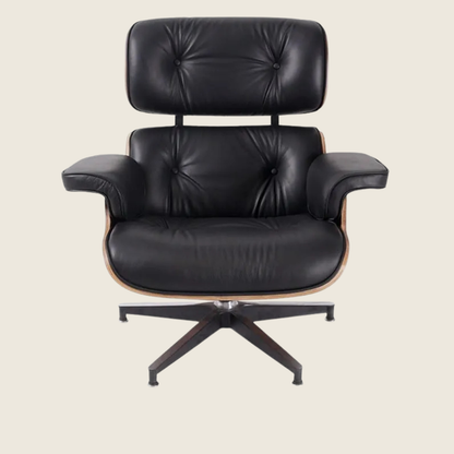 Mid-Century Eames Walnut Lounge Chair & Ottoman – Black Leather