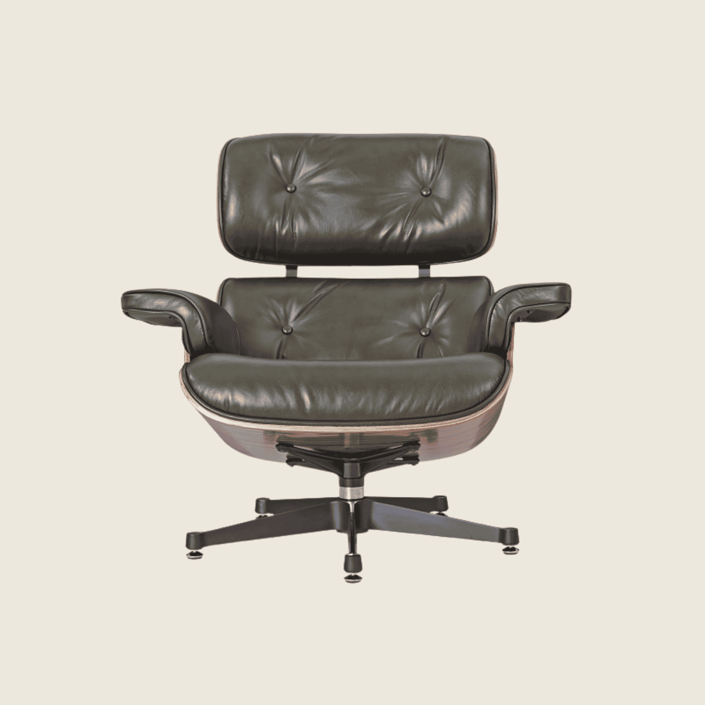 Retro Lounge Chair & Ottoman Rose Wood-Waxy Green Polished, close-up detail of the leather and wood shell