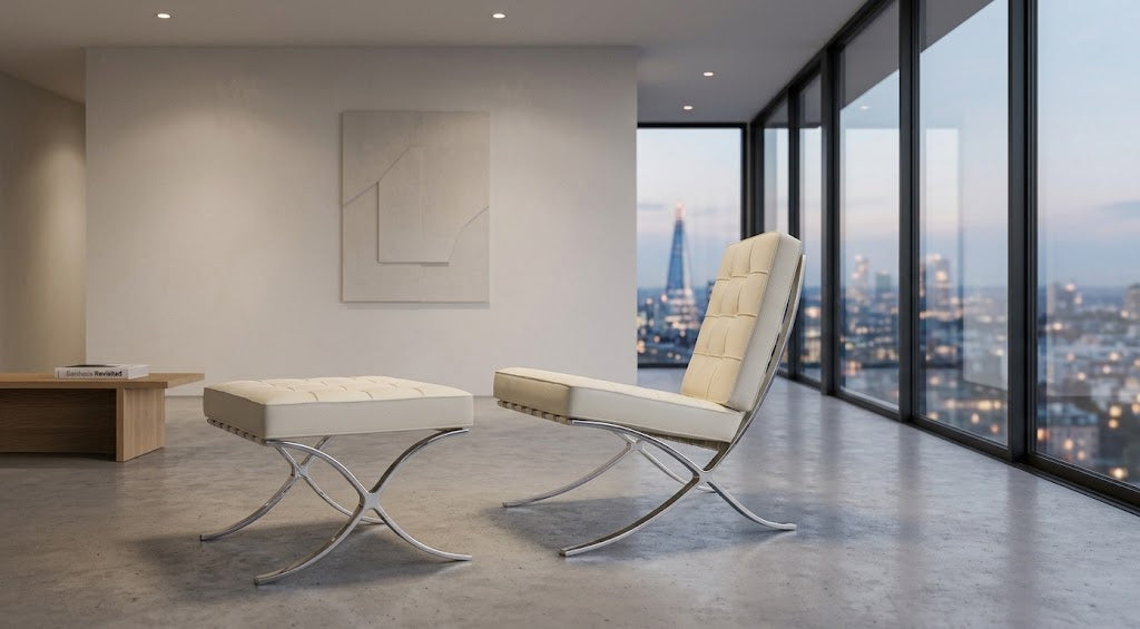 Barcelona style chair and ottoman in cream leather on chrome frames, in a city apartment at dusk