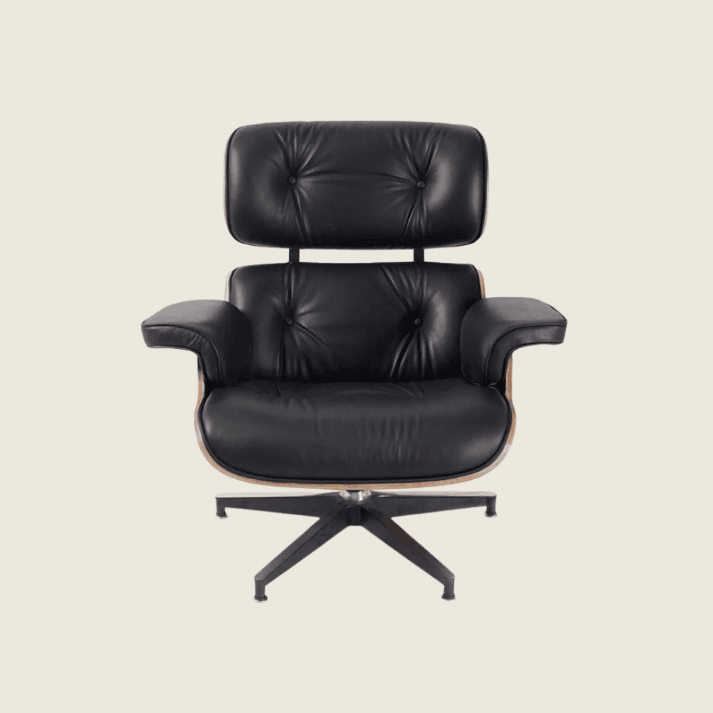 Classic Eames Designer Walnut Lounge Chair – Black Leather, front three-quarter view