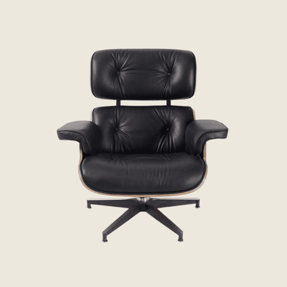 Classic Eames Designer Walnut Lounge Chair – Black Leather, front three-quarter view