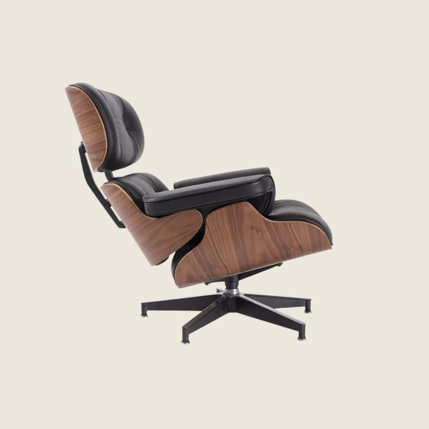 Classic Eames Designer Walnut Lounge Chair – Black Leather, side profile view