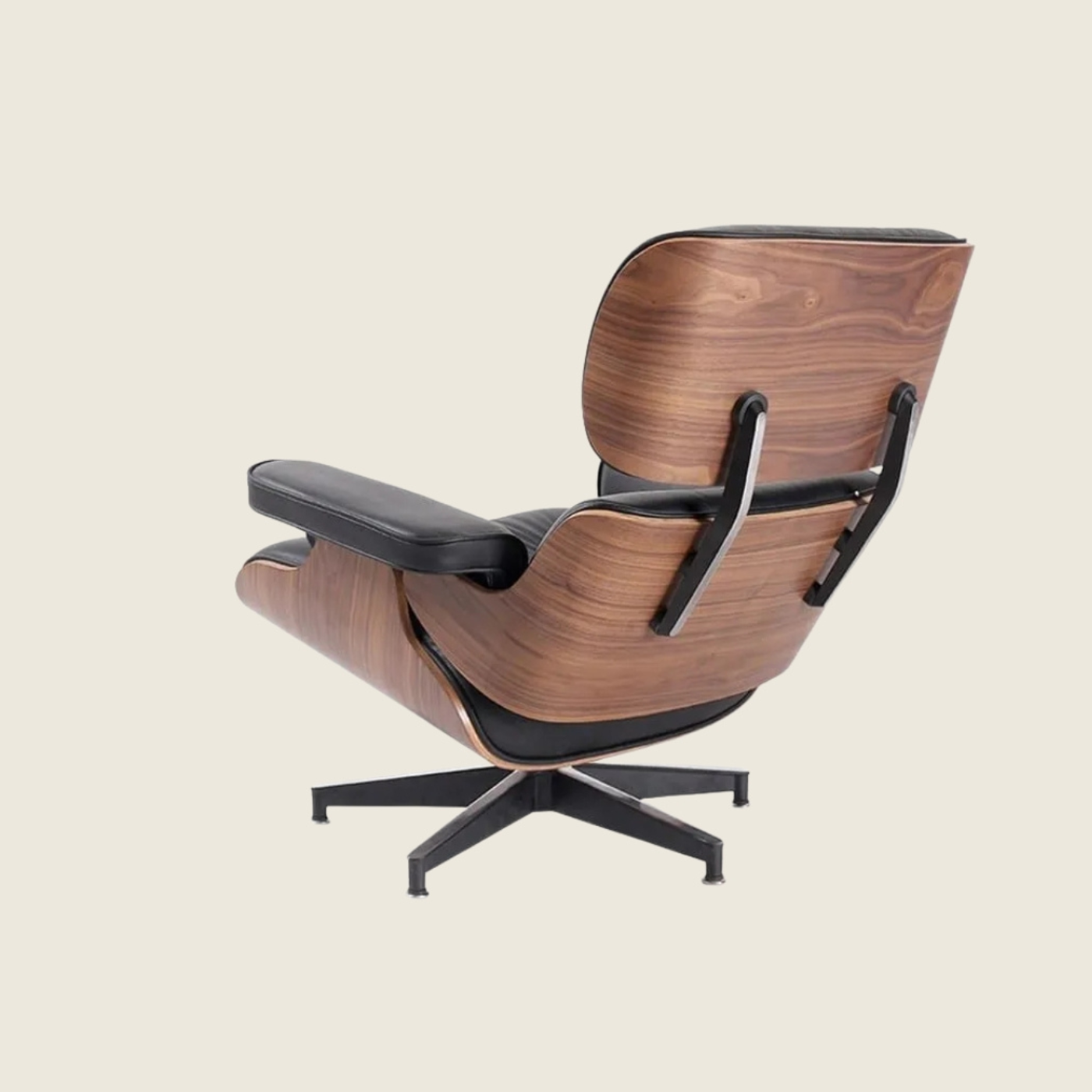 Classic Eames Designer Walnut Lounge Chair – Black Leather, rear three-quarter view