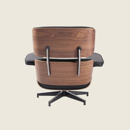 Classic Eames Designer Walnut Lounge Chair – Black Leather, close-up detail of the upholstery and frame