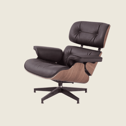 Classic Eames Walnut Lounge Chair – Brown Leather, front three-quarter view