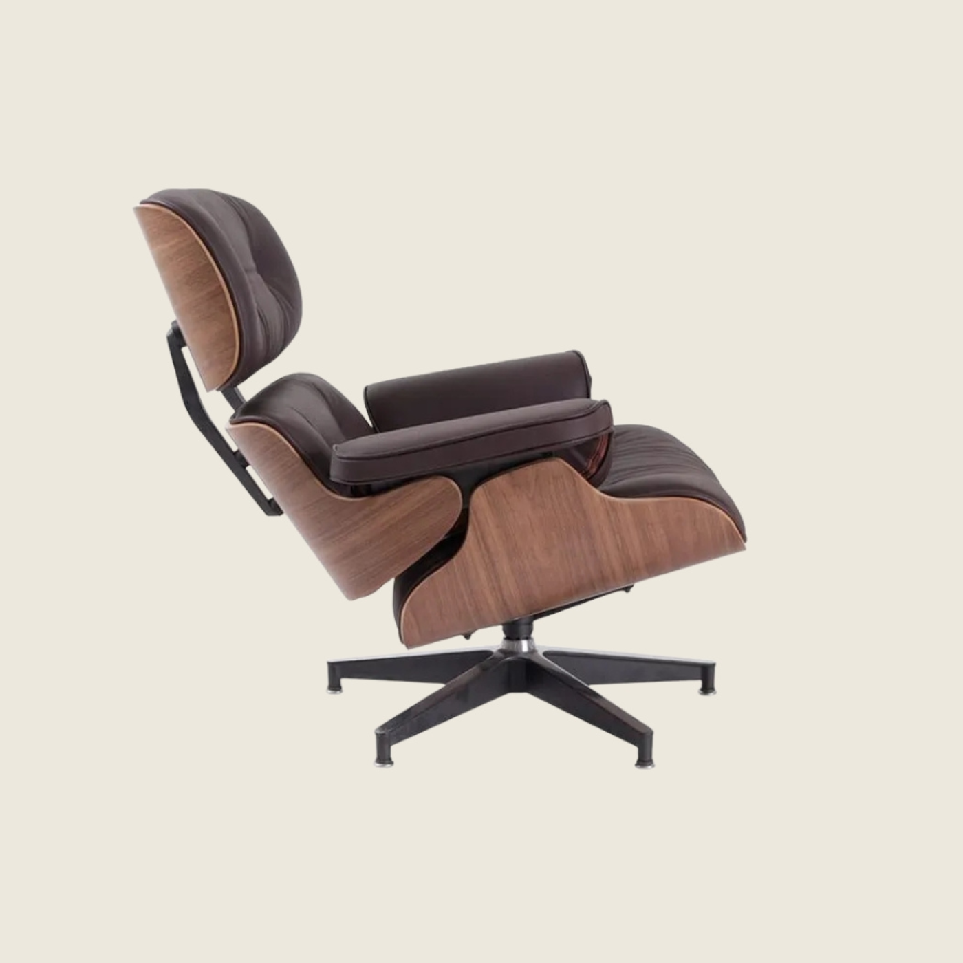 Classic Eames Walnut Lounge Chair – Brown Leather, side profile view