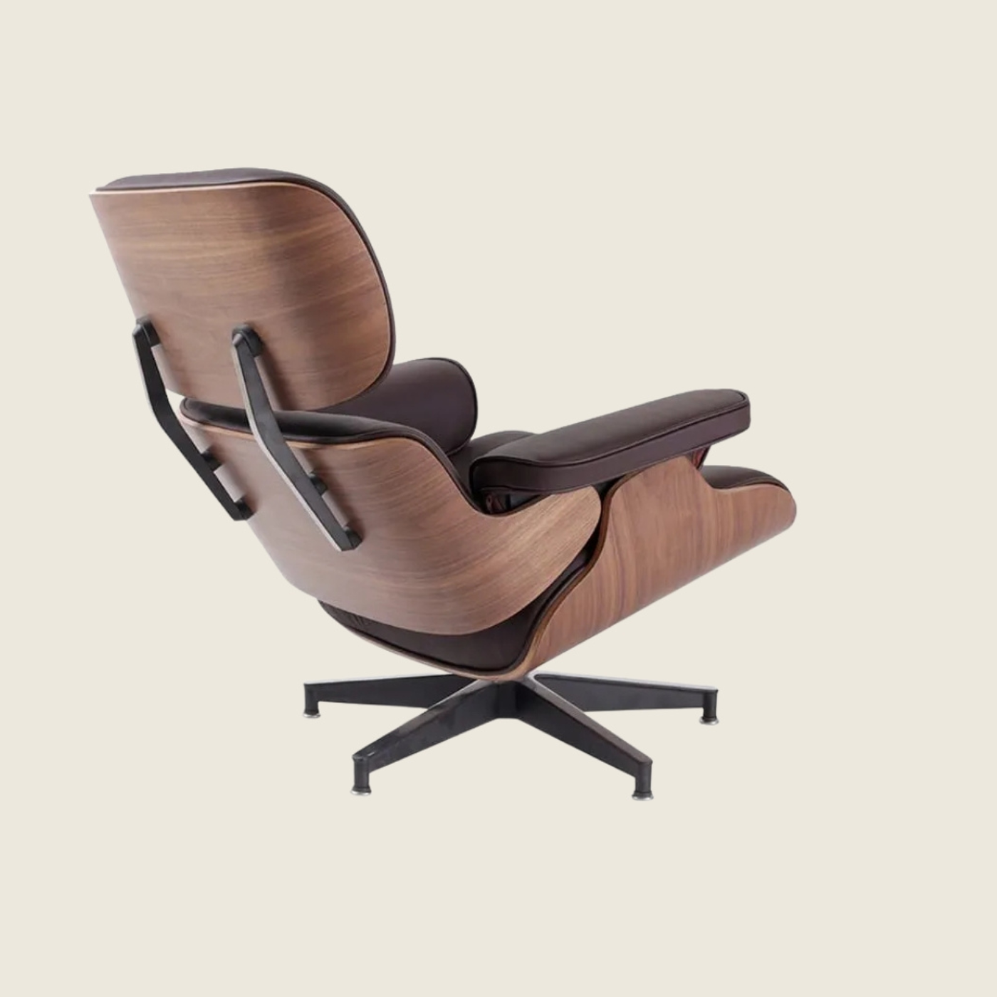 Classic Eames Walnut Lounge Chair – Brown Leather, rear three-quarter view