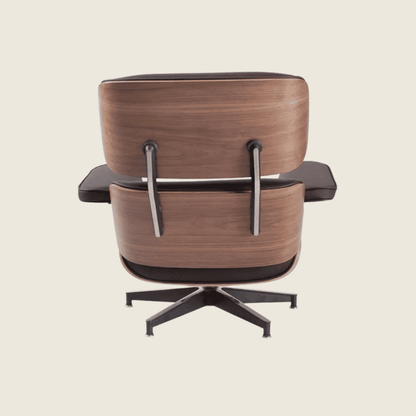 Classic Eames Walnut Lounge Chair – Brown Leather, close-up detail of the upholstery and frame