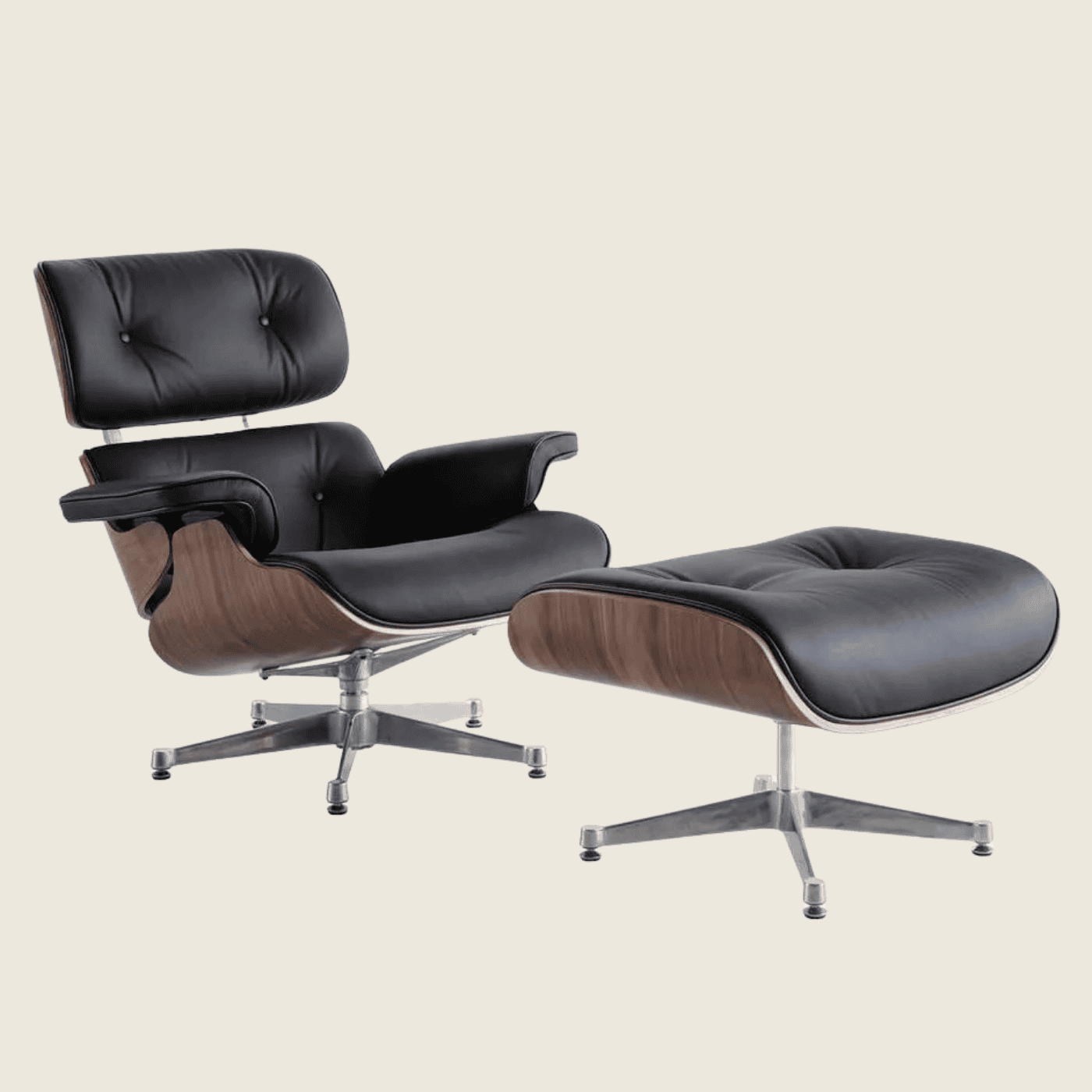 BLACK / Chrome — Walnut Lounge Chair & Ottoman, chair and ottoman shown together, side profile