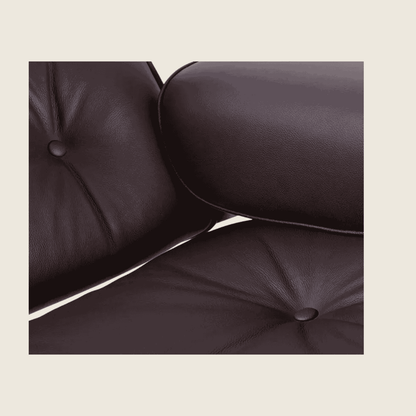 BROWN / Black — Walnut Lounge Chair & Ottoman, close-up detail of the leather and wood shell