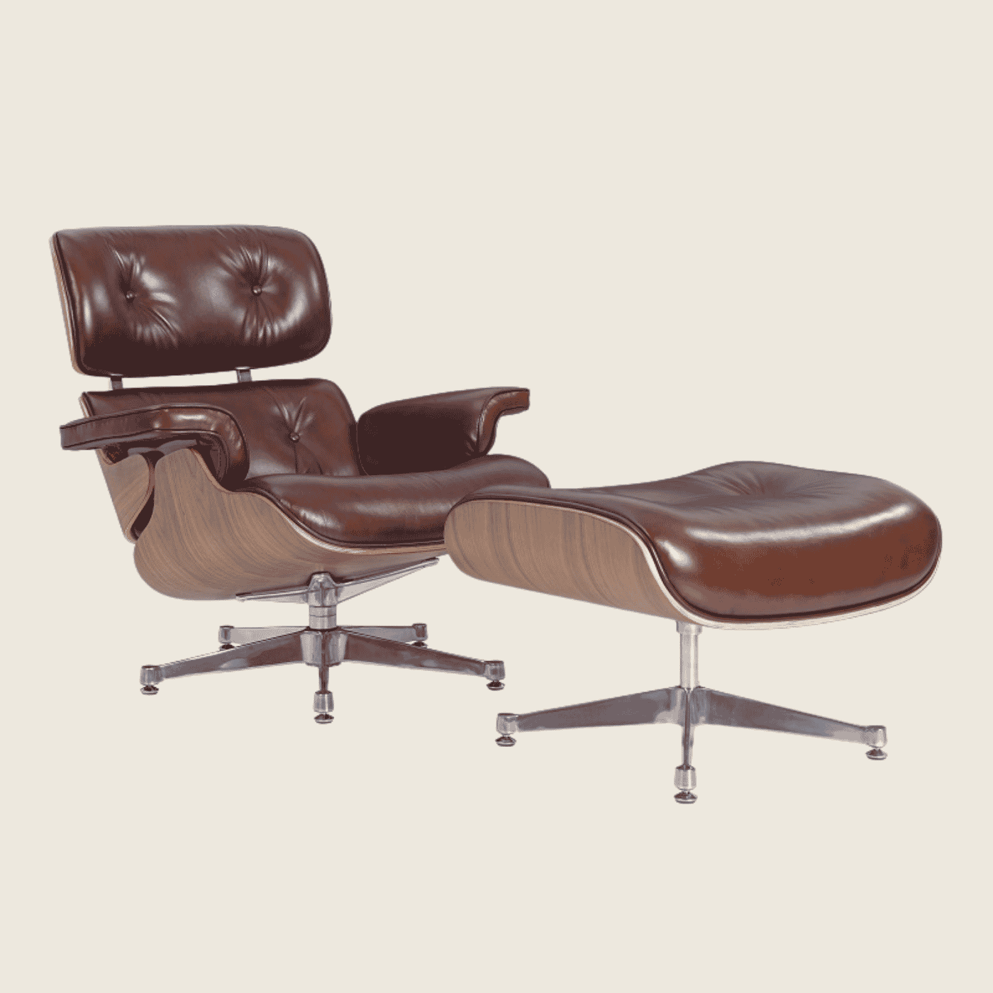 Designer Lounge Chair & Ottoman Walnutwood – Polished Waxy Brown & Chrome Base, chair and ottoman shown together, side profile