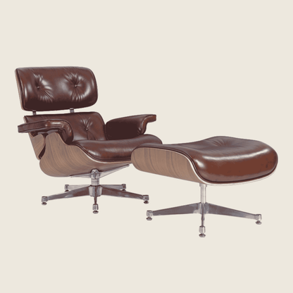 Designer Lounge Chair & Ottoman Walnutwood – Polished Waxy Brown & Chrome Base, chair and ottoman shown together, side profile