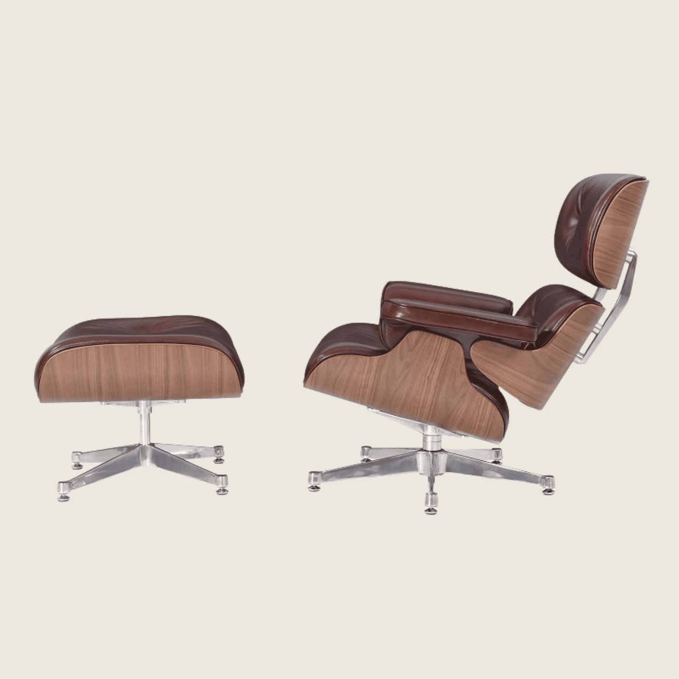 Designer Lounge Chair & Ottoman Walnutwood – Polished Waxy Brown & Chrome Base, three-quarter angled view of the chair