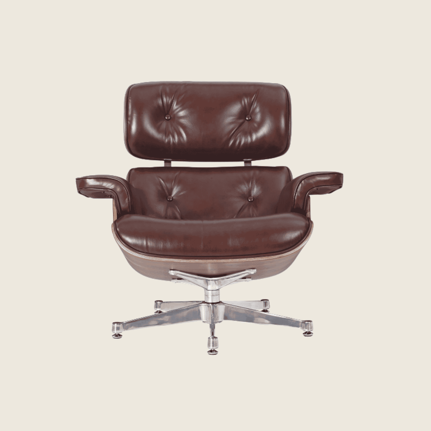 Designer Lounge Chair & Ottoman Walnutwood – Polished Waxy Brown & Chrome Base, three-quarter angled view of the ottoman