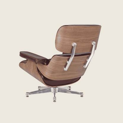 Designer Lounge Chair & Ottoman Walnutwood – Polished Waxy Brown & Chrome Base, close-up detail of the leather and wood shell