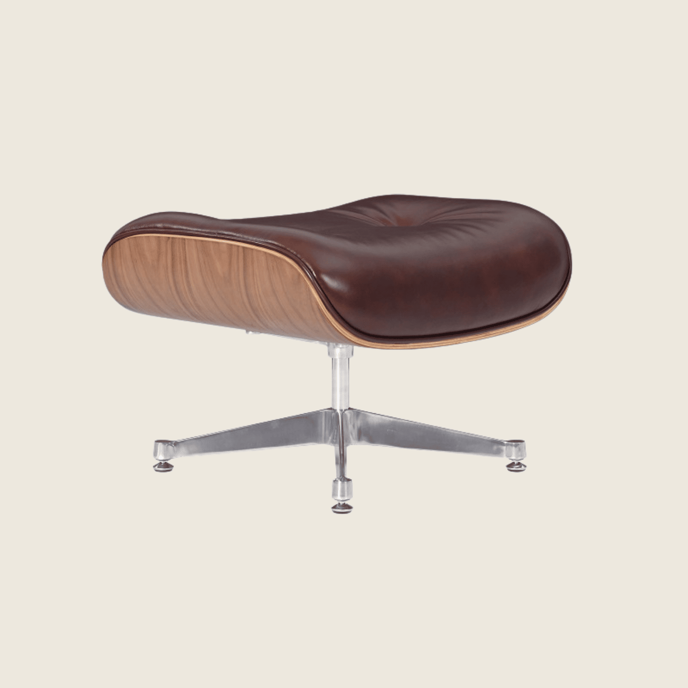 Designer Lounge Chair & Ottoman Walnutwood – Polished Waxy Brown & Chrome Base, rear three-quarter view