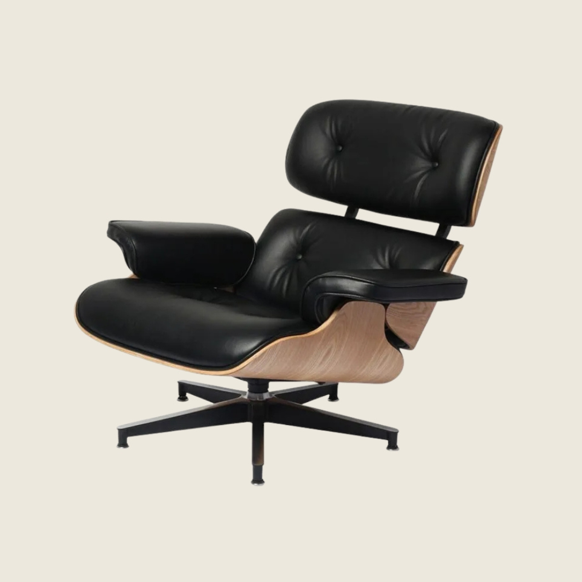 Black leather, Ashwood shell, Black base - Eames Style Ashwood Lounge Chair & Ottoman, close-up detail of the leather and wood shell
