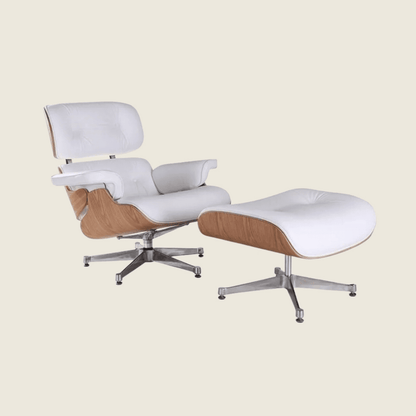 Eames Inspired Ashwood Lounge Chair & Ottoman – White-Chrome, chair and ottoman shown together, side profile