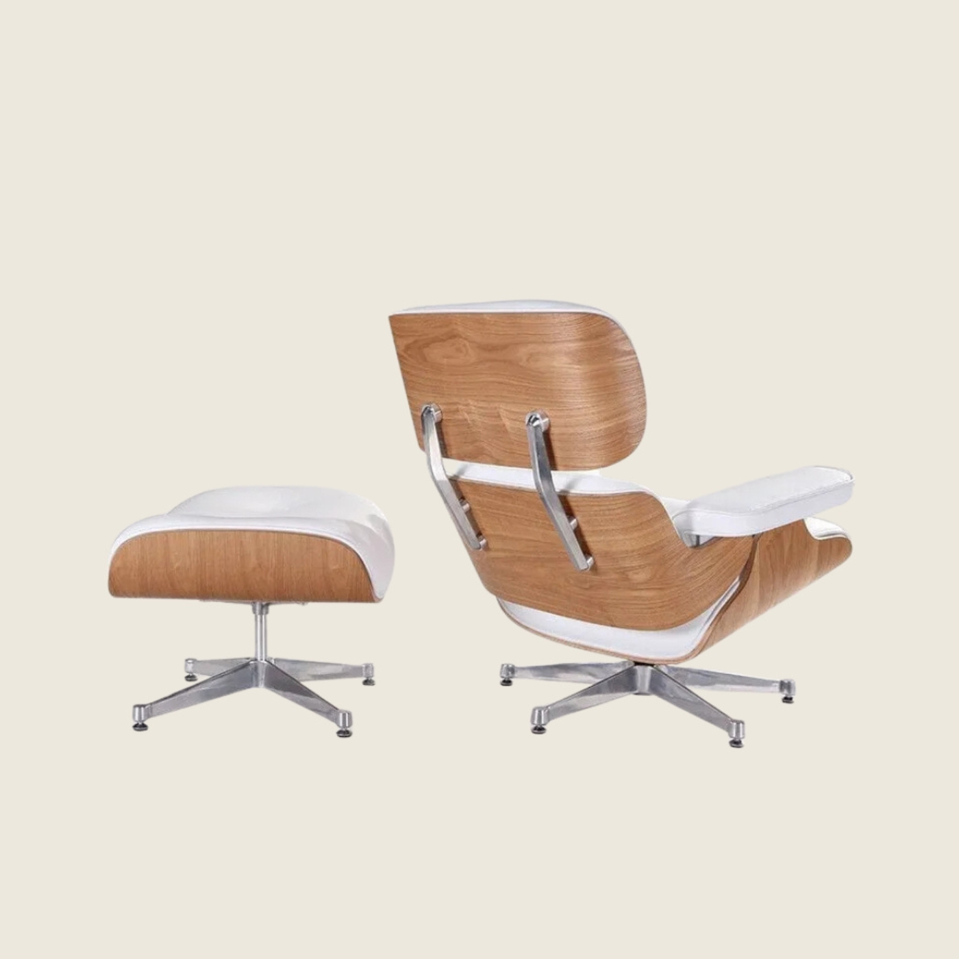Eames Inspired Ashwood Lounge Chair & Ottoman – White-Chrome, three-quarter angled view of the chair
