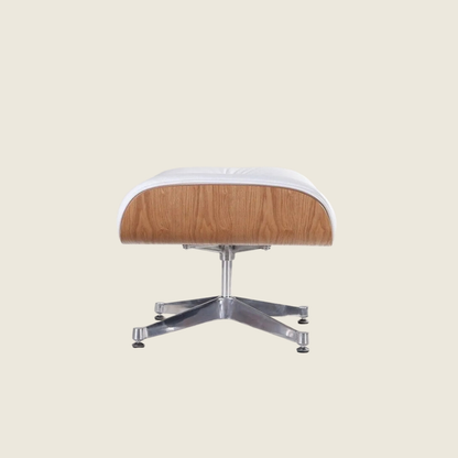 Eames Inspired Ashwood Lounge Chair & Ottoman – White-Chrome, close-up detail of the leather and wood shell