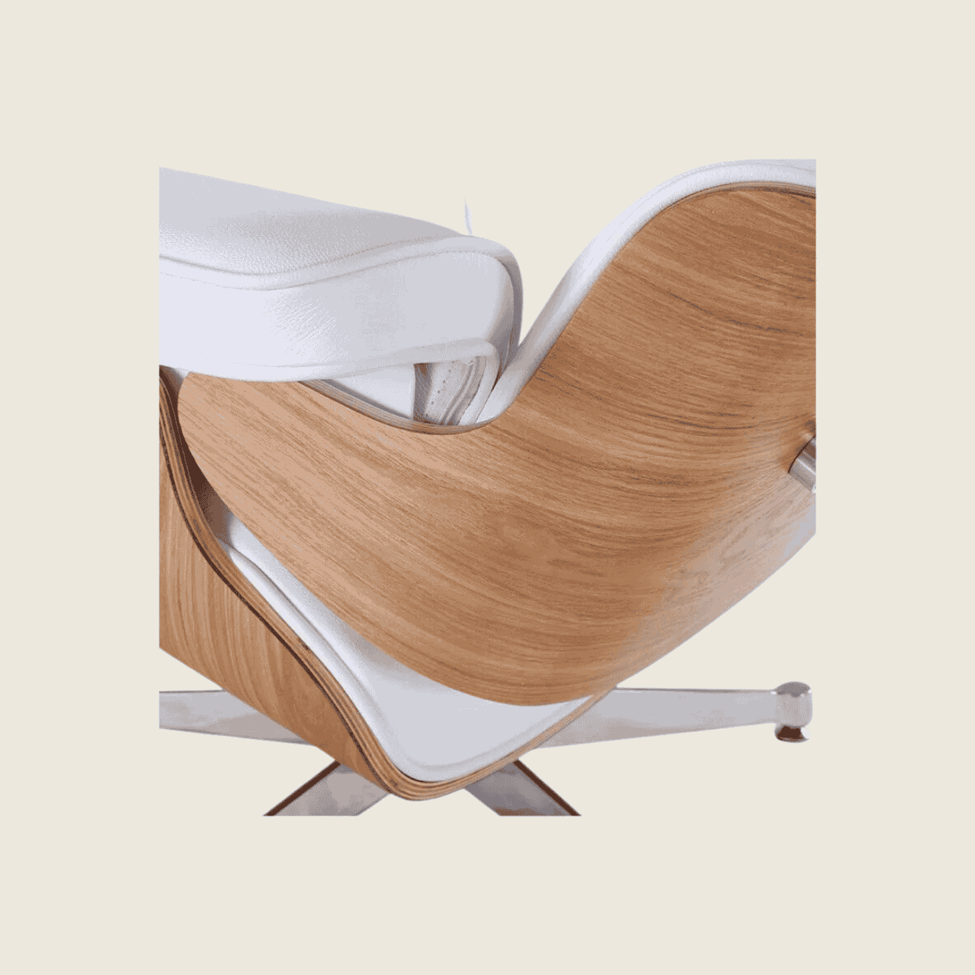 Eames Inspired Ashwood Lounge Chair & Ottoman – White-Chrome, rear three-quarter view