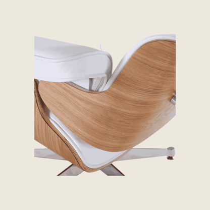 Eames Inspired Ashwood Lounge Chair & Ottoman – White-Chrome, rear three-quarter view