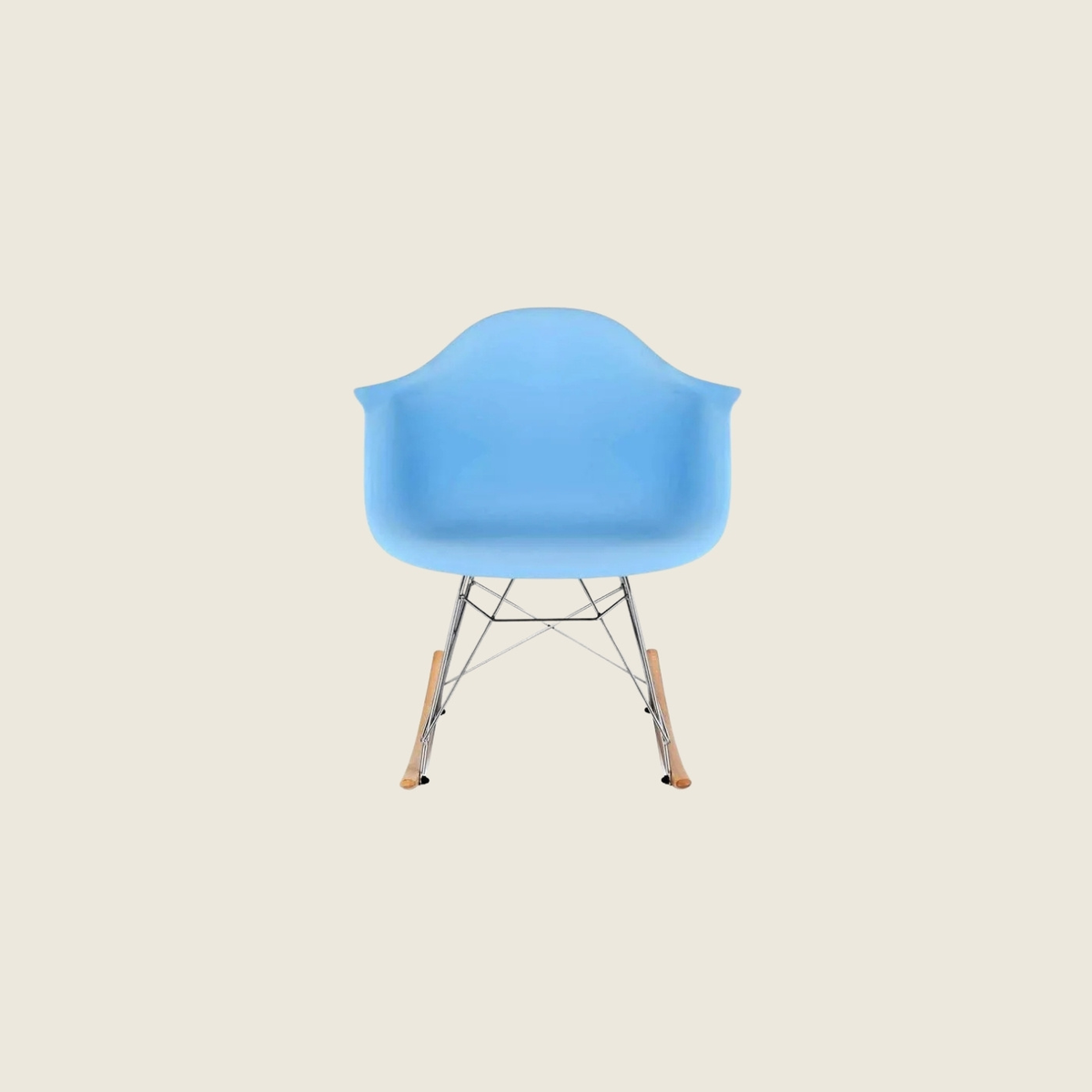 Mid-century RAR rocking armchair in light blue, side profile view