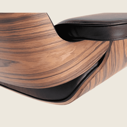 BLACK / Black — Rosewood Lounge Chair & Ottoman, close-up detail of the leather and wood shell