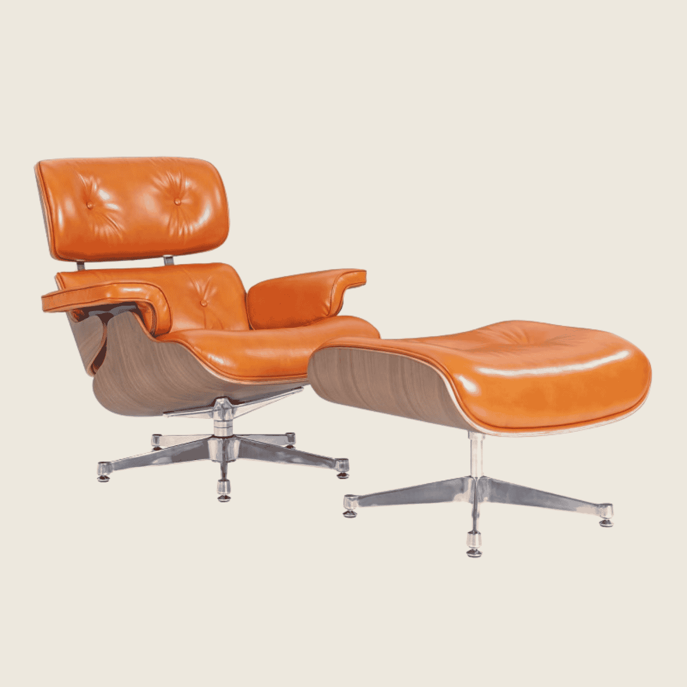 Eames Style Luxury Lounge Chair & Ottoman Walnut – Polished Waxy Camel & Chrome, chair and ottoman shown together, side profile