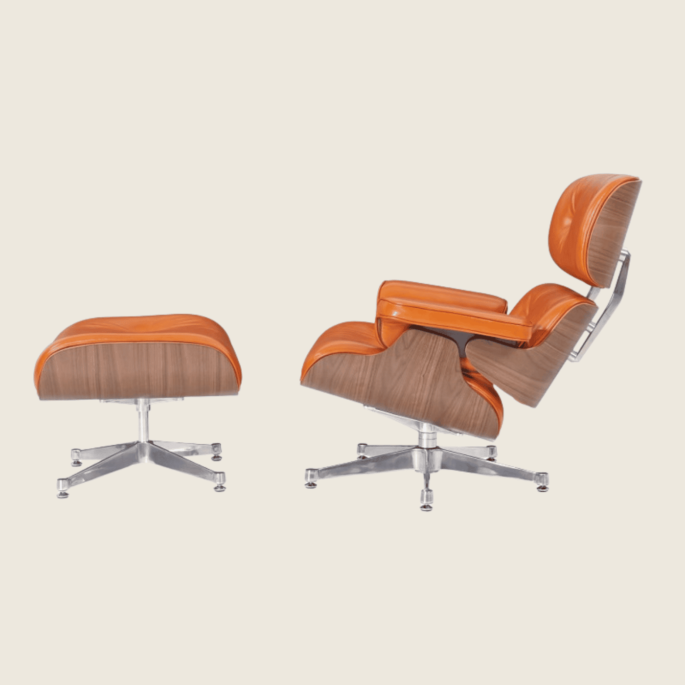 Eames Style Luxury Lounge Chair & Ottoman Walnut – Polished Waxy Camel & Chrome, three-quarter angled view of the chair