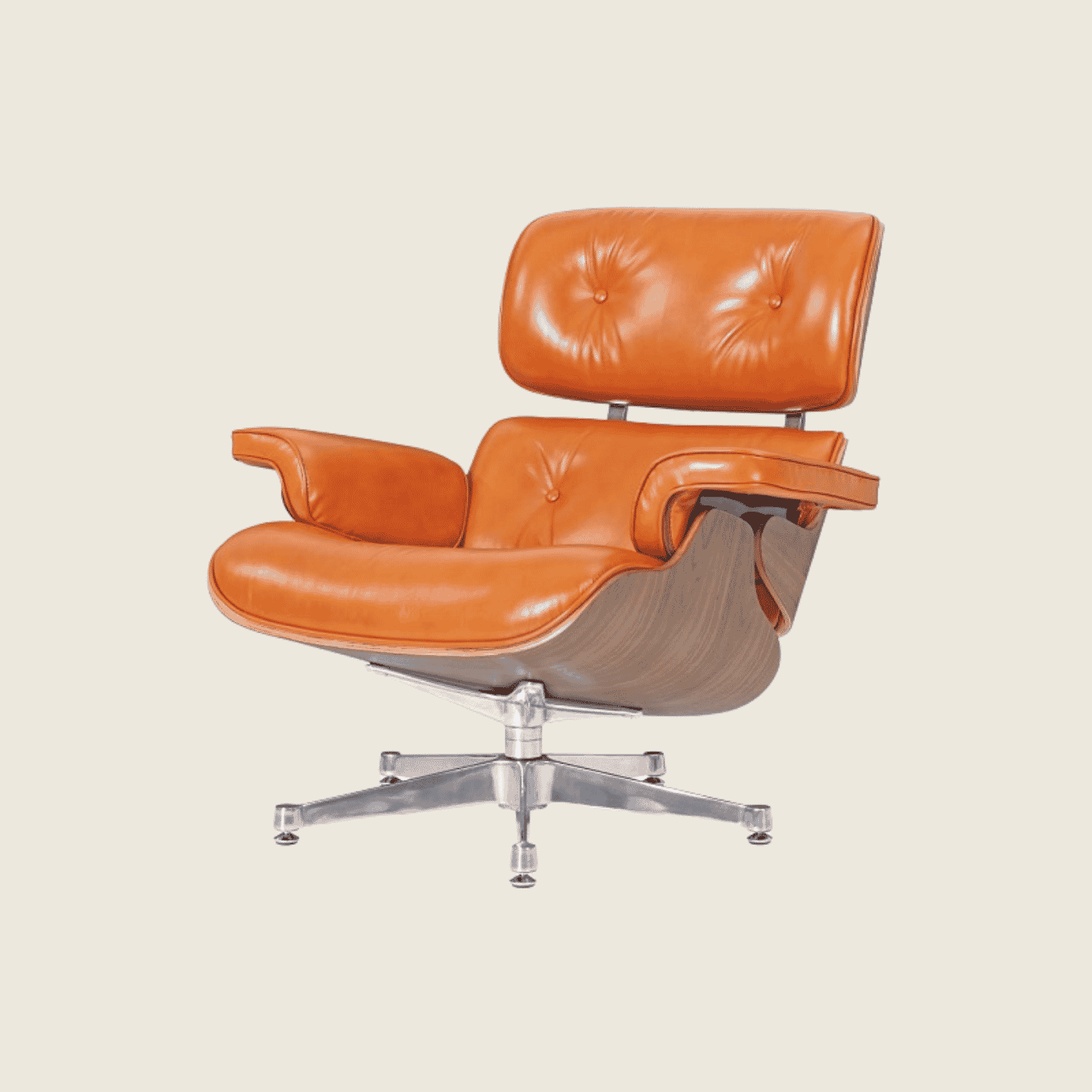 Eames Style Luxury Lounge Chair & Ottoman Walnut – Polished Waxy Camel & Chrome, three-quarter angled view of the ottoman