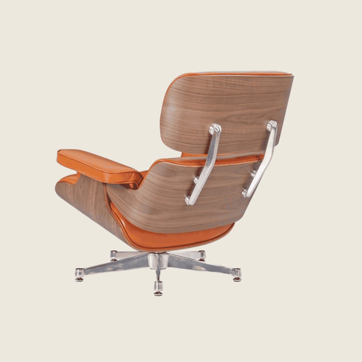 Eames Style Luxury Lounge Chair & Ottoman Walnut – Polished Waxy Camel & Chrome, close-up detail of the leather and wood shell