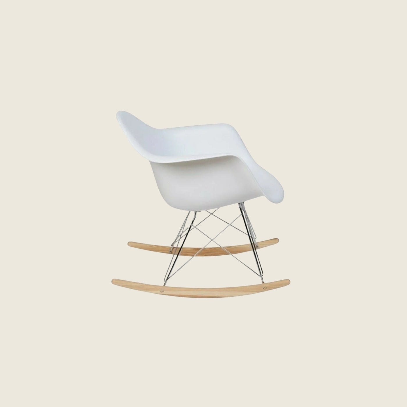 Eames Style Mid-Century RAR Rocking Armchair – White, close-up detail of the upholstery and frame