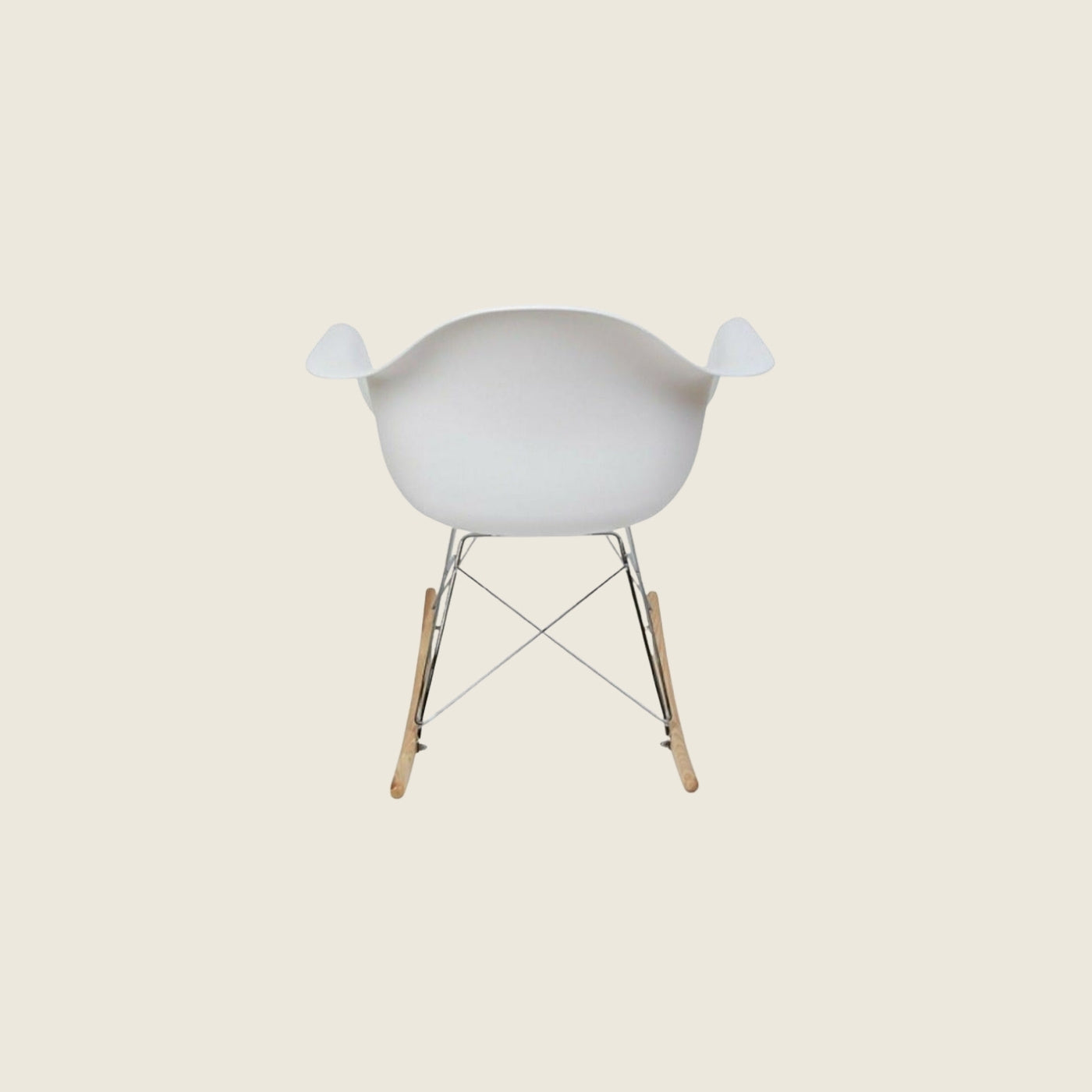 Eames Style Mid-Century RAR Rocking Armchair – White, rear three-quarter view