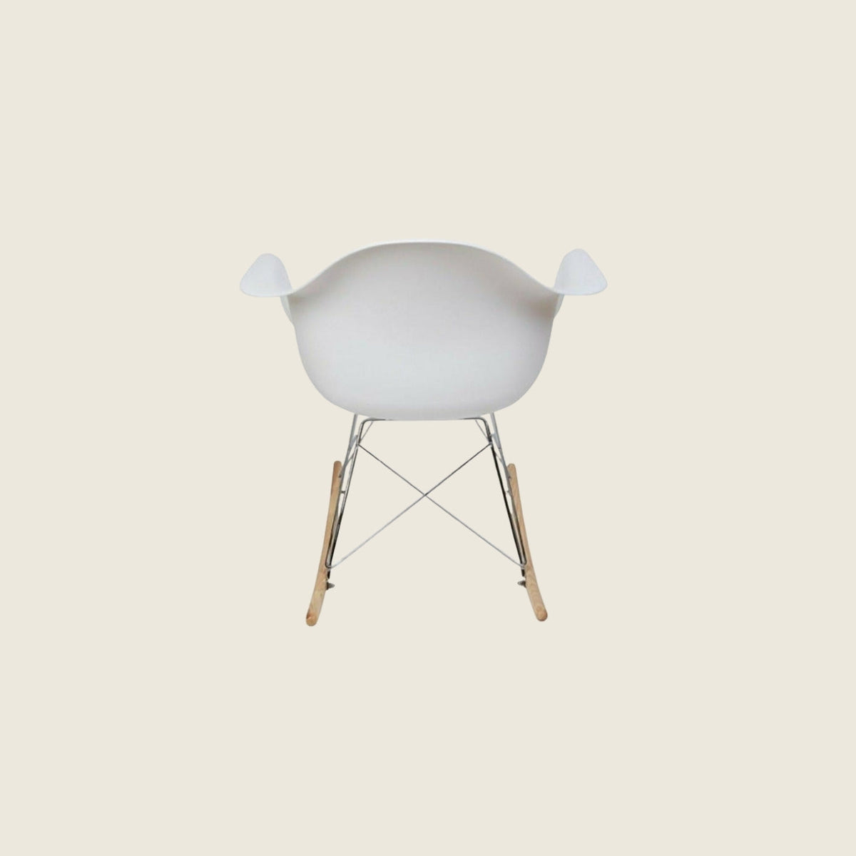 Mid-century RAR rocking armchair in white, rear three-quarter view