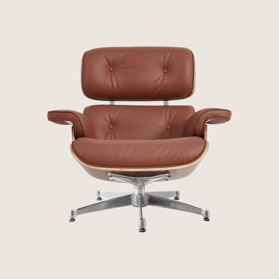 Tan Brown leather, Walnut shell, Chrome base - Eames Style Walnut Lounge Chair & Ottoman, front view of the chair with button-tufted tan brown cushions on the polished chrome five-star swivel base
