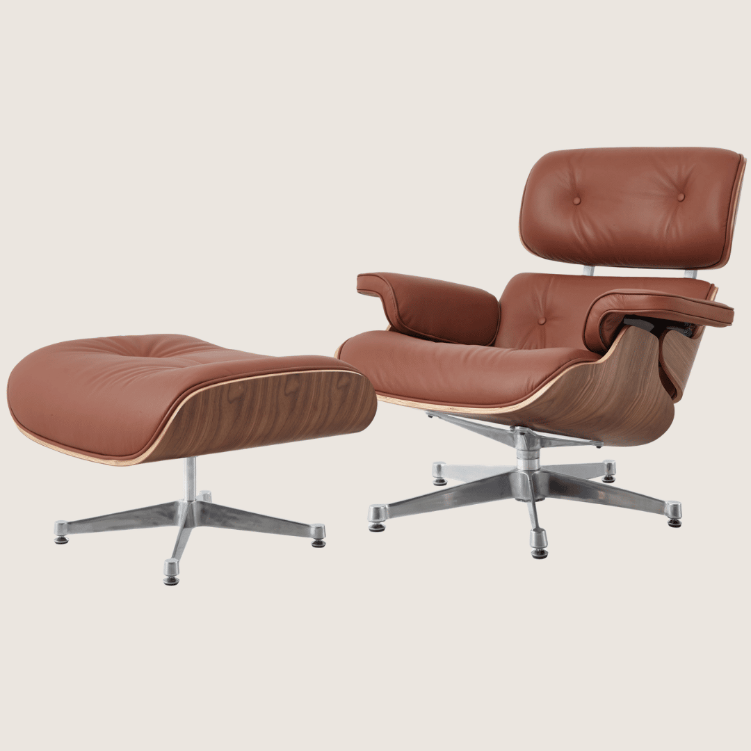Tan Brown leather, Walnut shell, Chrome base - Eames Style Walnut Lounge Chair & Ottoman, three-quarter view of the full set with the matching ottoman on its chrome four-star base