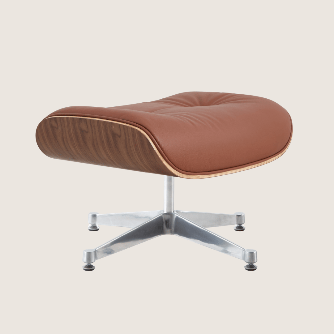 Tan Brown leather, Walnut shell, Chrome base - Eames Style Walnut Lounge Chair & Ottoman, matching ottoman in tan brown leather with walnut veneer shell and polished chrome four-star base